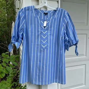 NWT Talbots Pretty Crisp Blue White Stripe Split Neck Tie Short Sleeve Blouse